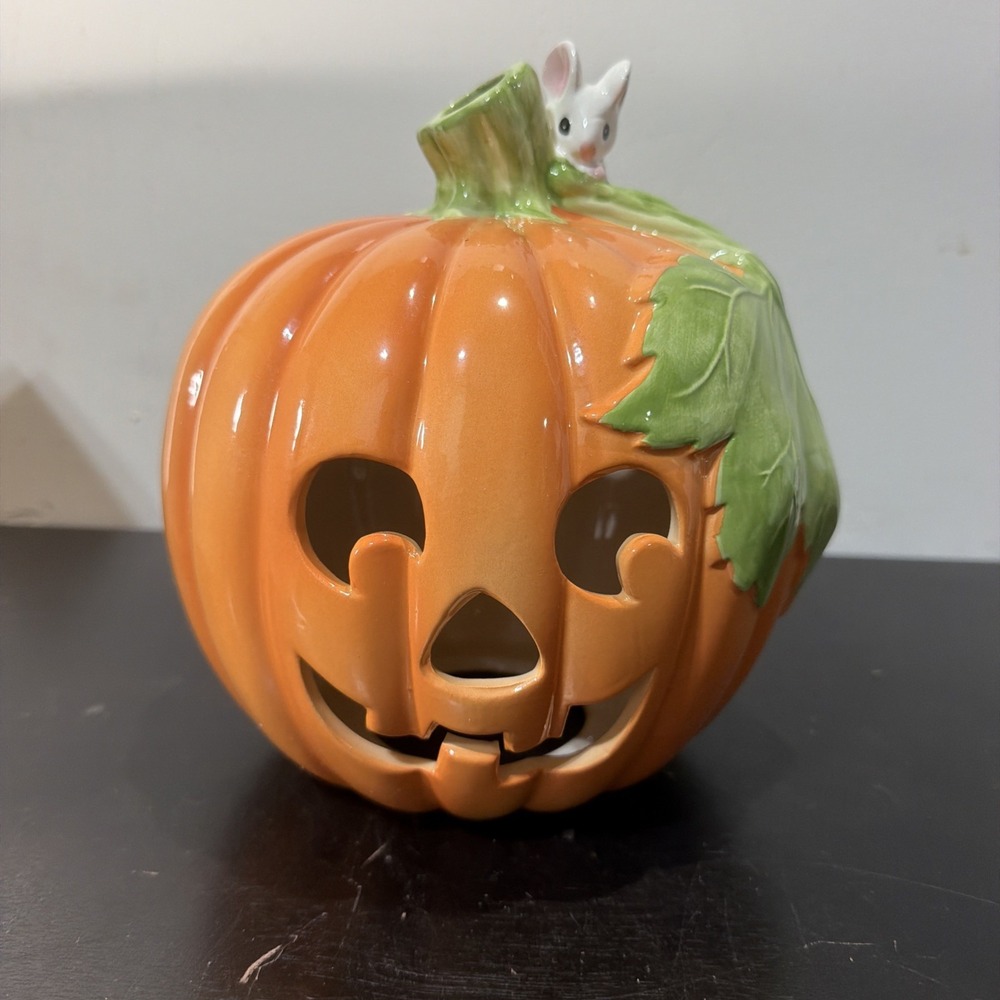 Vintage Ceramic Halloween Jack O Lantern Pumpkin Mouse Candle Holder Decor 8"